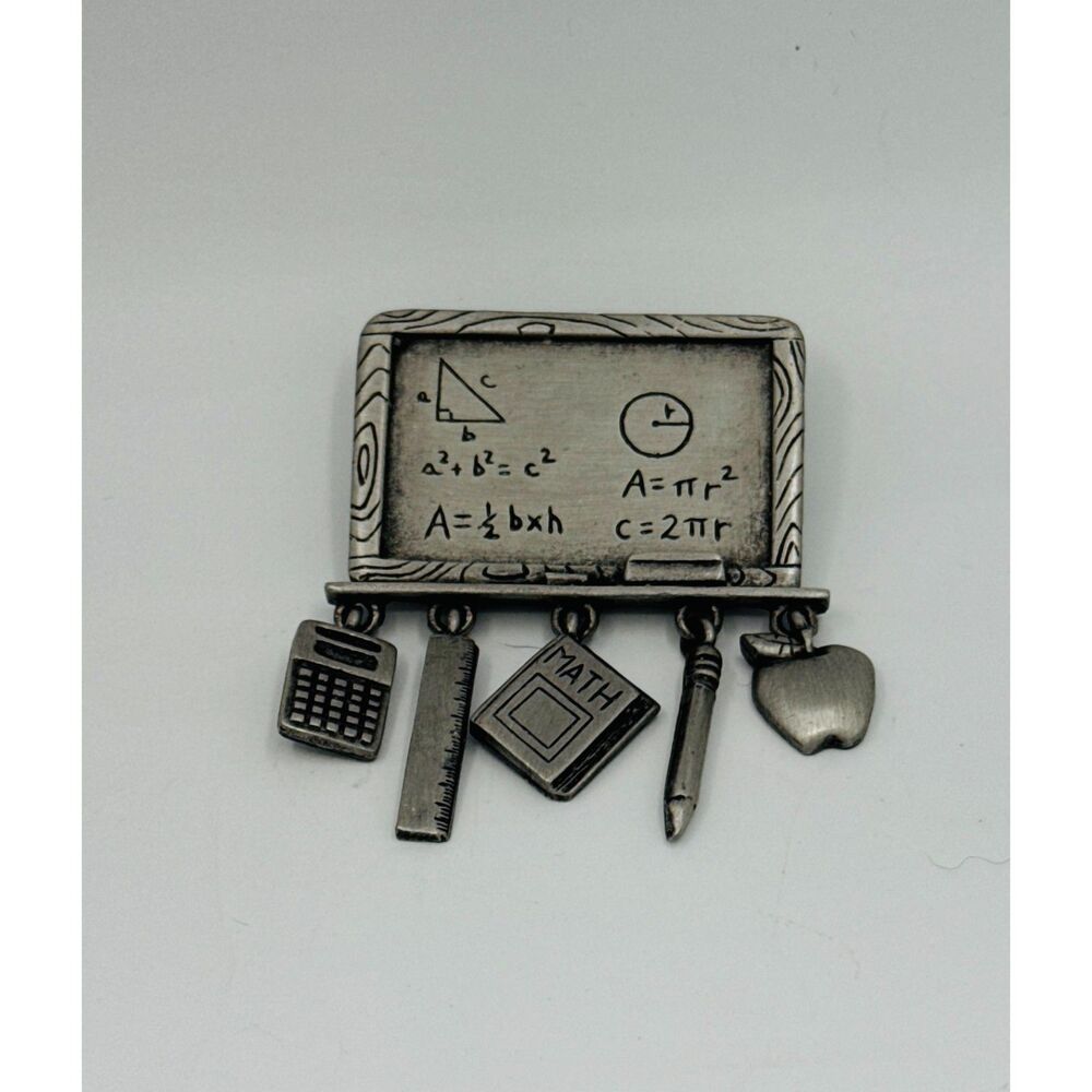 Vintage JJ Jonette Pewter Math Chalkboard School Teacher Charm Brooch Pin Apple